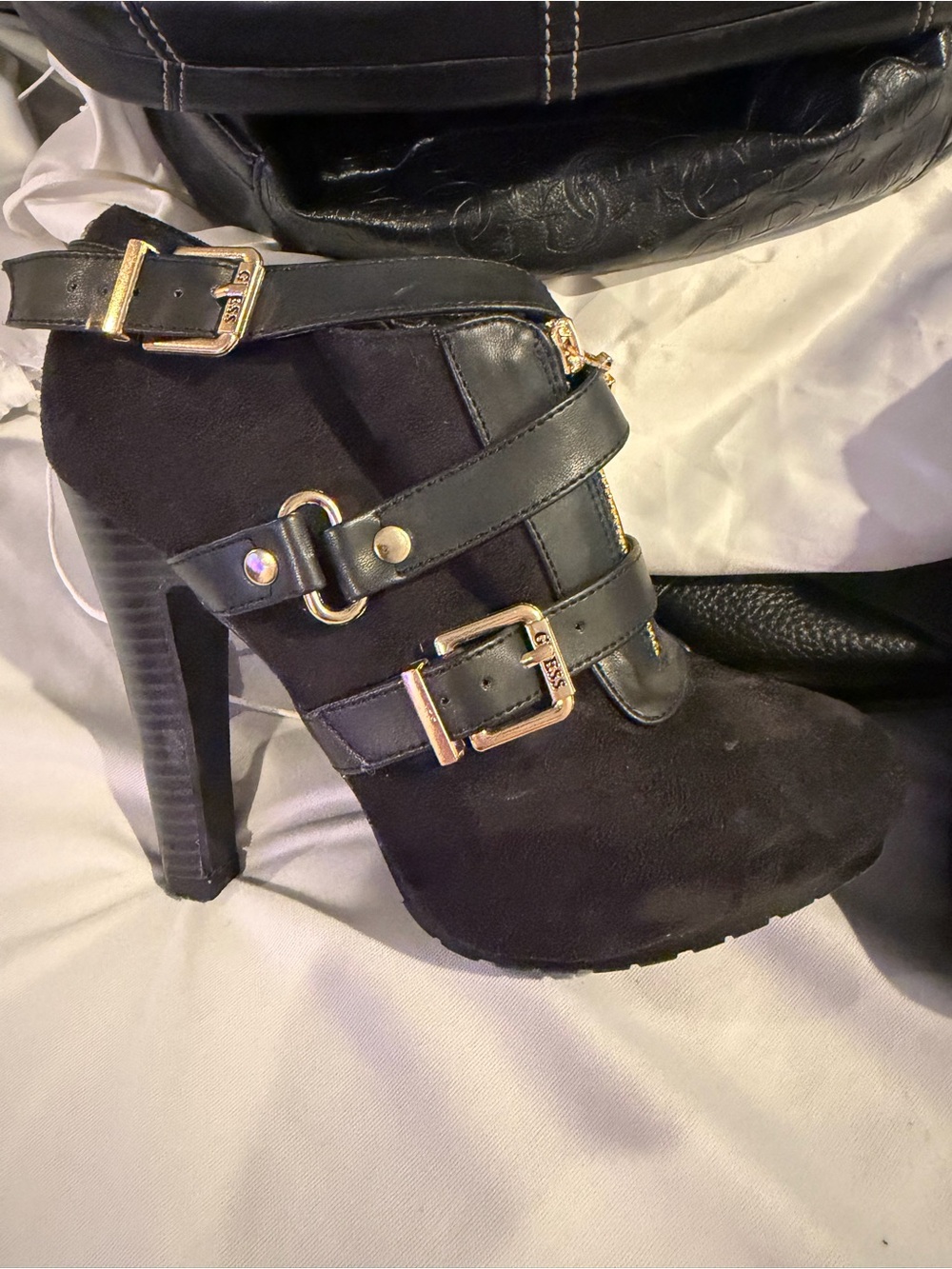 GUESS Black Suede & Leather Buckle High Heel Booties with Gold Hardware